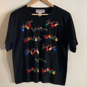 Victoria Harbour Womens Size PL Petite Large Black Holiday Tee Beaded Ornaments